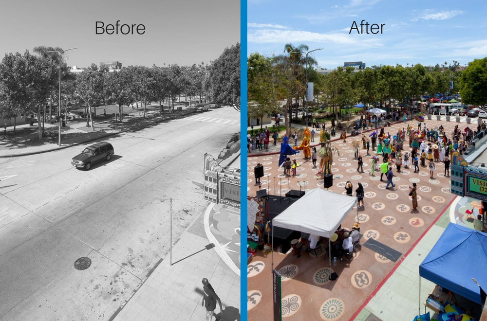  /><span>A pedestrian plaza created in the Leimert Park neighborhood of Los Angeles. (Photos from LADOT)</span></p>
<p>Today, Janette Sadik-Khan continues creating people-friendly, efficient, and sustainable streets at Bloomberg Associates, a philanthropic organization that works directly with mayors around the world to improve the quality of life of their residents. At <em>Intersections</em>, we’ll explore how arts and culture can help communities design streets that solve their unique transportation challenges and reflect their local character. Sadik-Khan’s experience doing exactly that both in New York City and working around the world makes her an exciting addition to our roster of <a href=