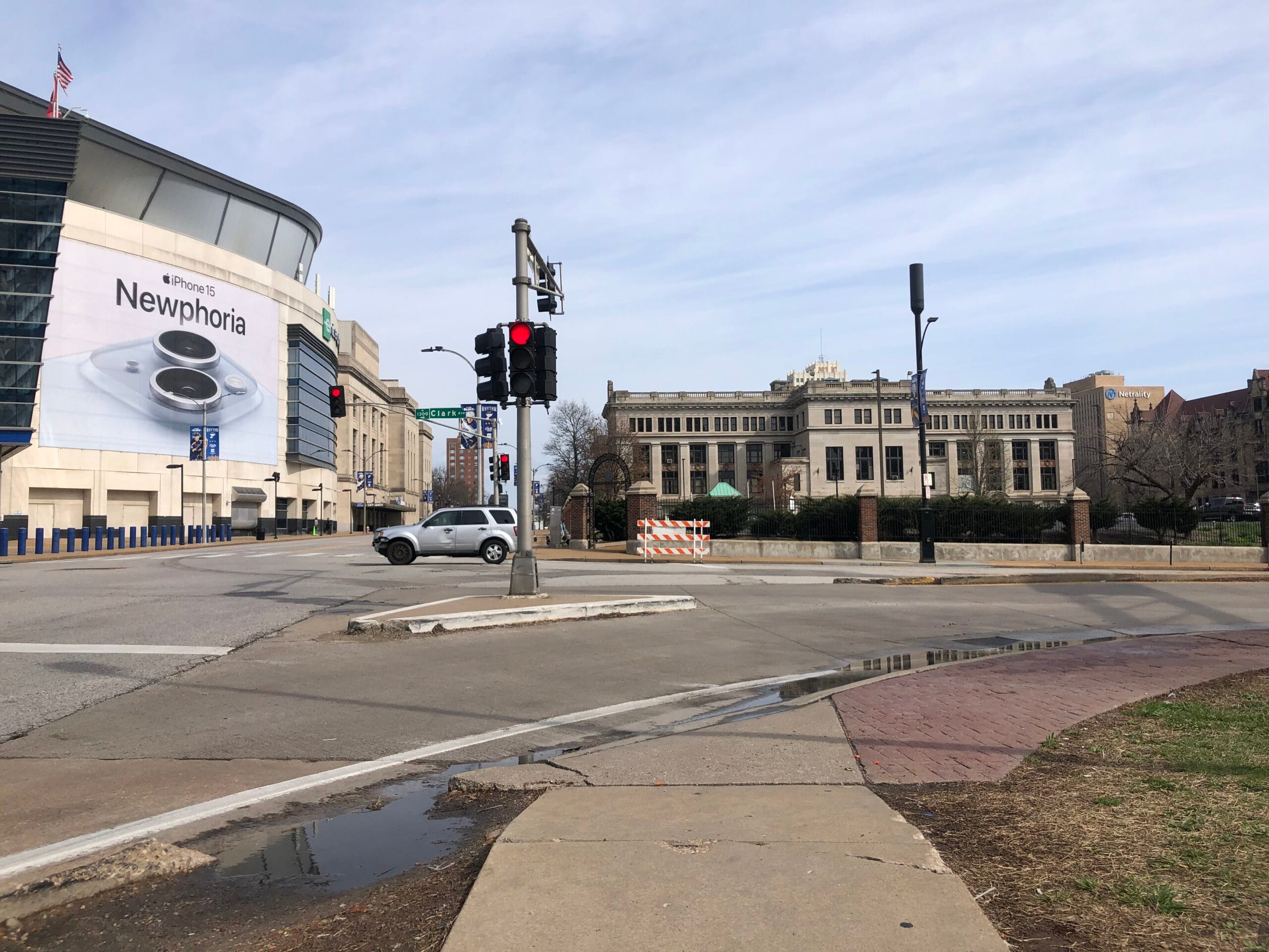 Visitors to the Enterprise Center are faced with an ugly intersection with a slip lane and no crosswalk