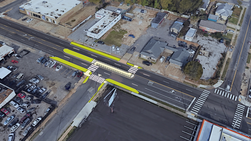 New crosswalks provide additional opportunities for pedestrians to cross the street safely. Bump outs and a wide median hug drivers and reduce the distance pedestrians have to cross.